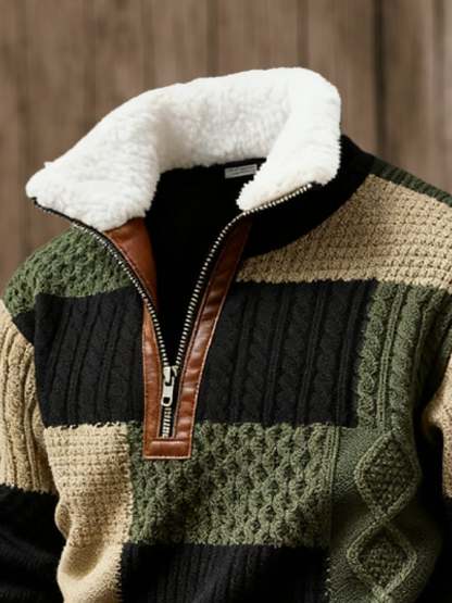 Men's Retro Color Block Print Casual Fur Collar Long Sleeve Sweatshirt