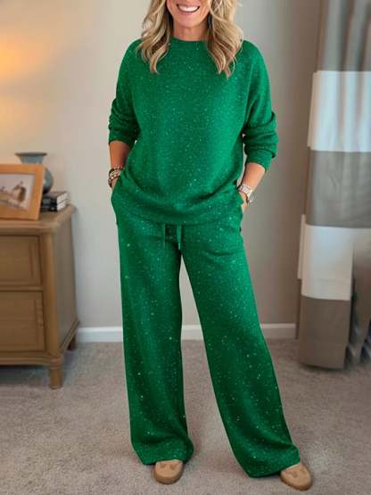 Cozy Travel Crew Neck Shiny Sweatshirt and Pant 2 Piece Sets