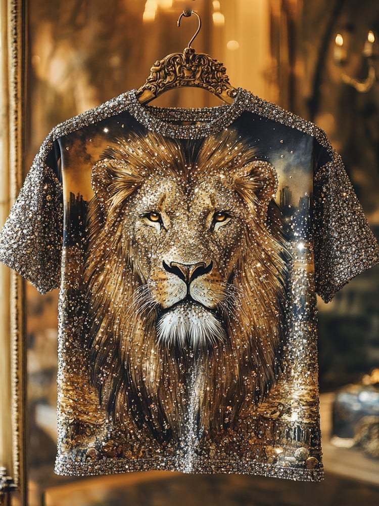 Men's Lion Sequin Business Print Short Sleeve T-Shirt