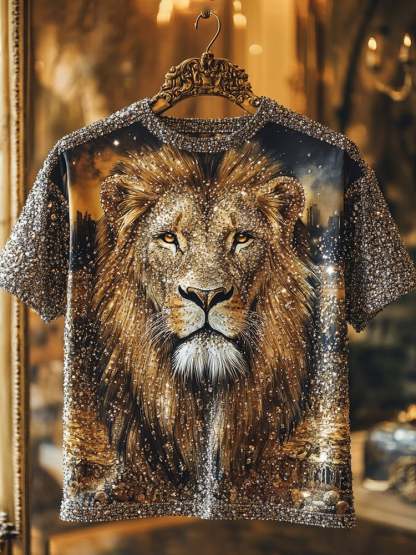 Men's Lion Sequin Business Print Short Sleeve T-Shirt