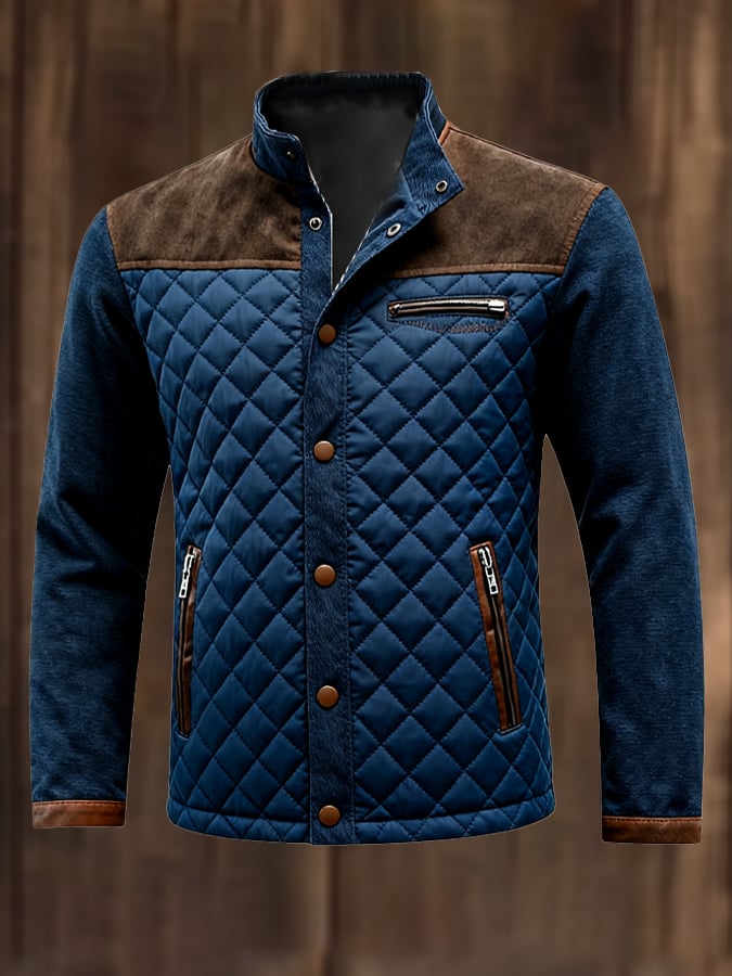 Men's Vintage Quilted Leather Patchwork Zippered Jacket
