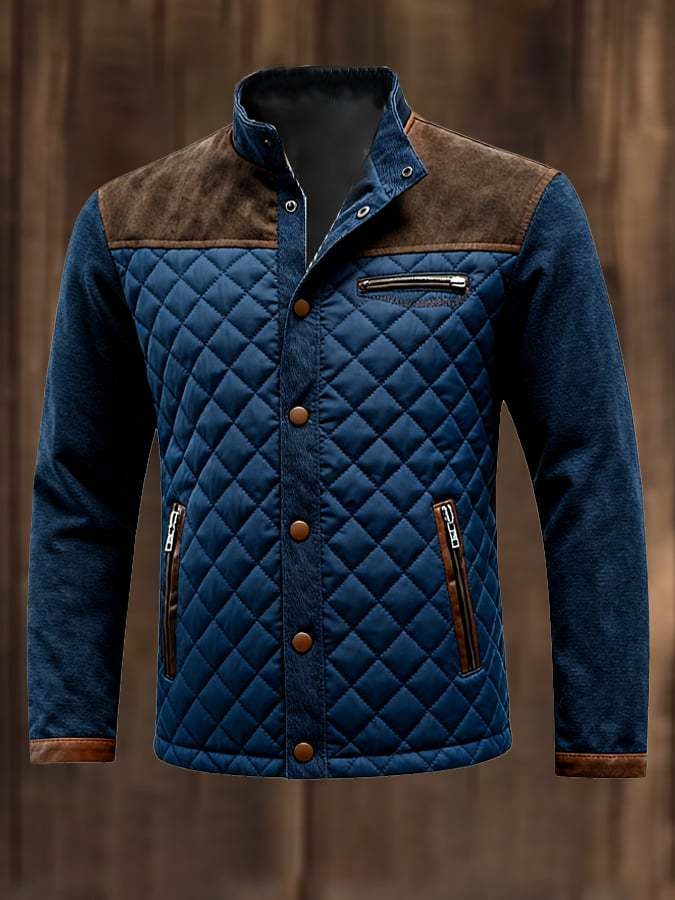 Men's Vintage Quilted Leather Patchwork Zippered Jacket