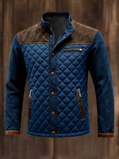 Men's Vintage Quilted Leather Patchwork Zippered Jacket