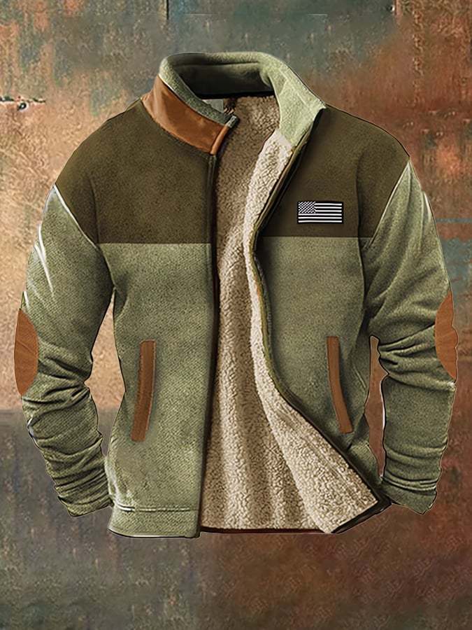 Men's vintage western hunting patchwork warm fleece jacket