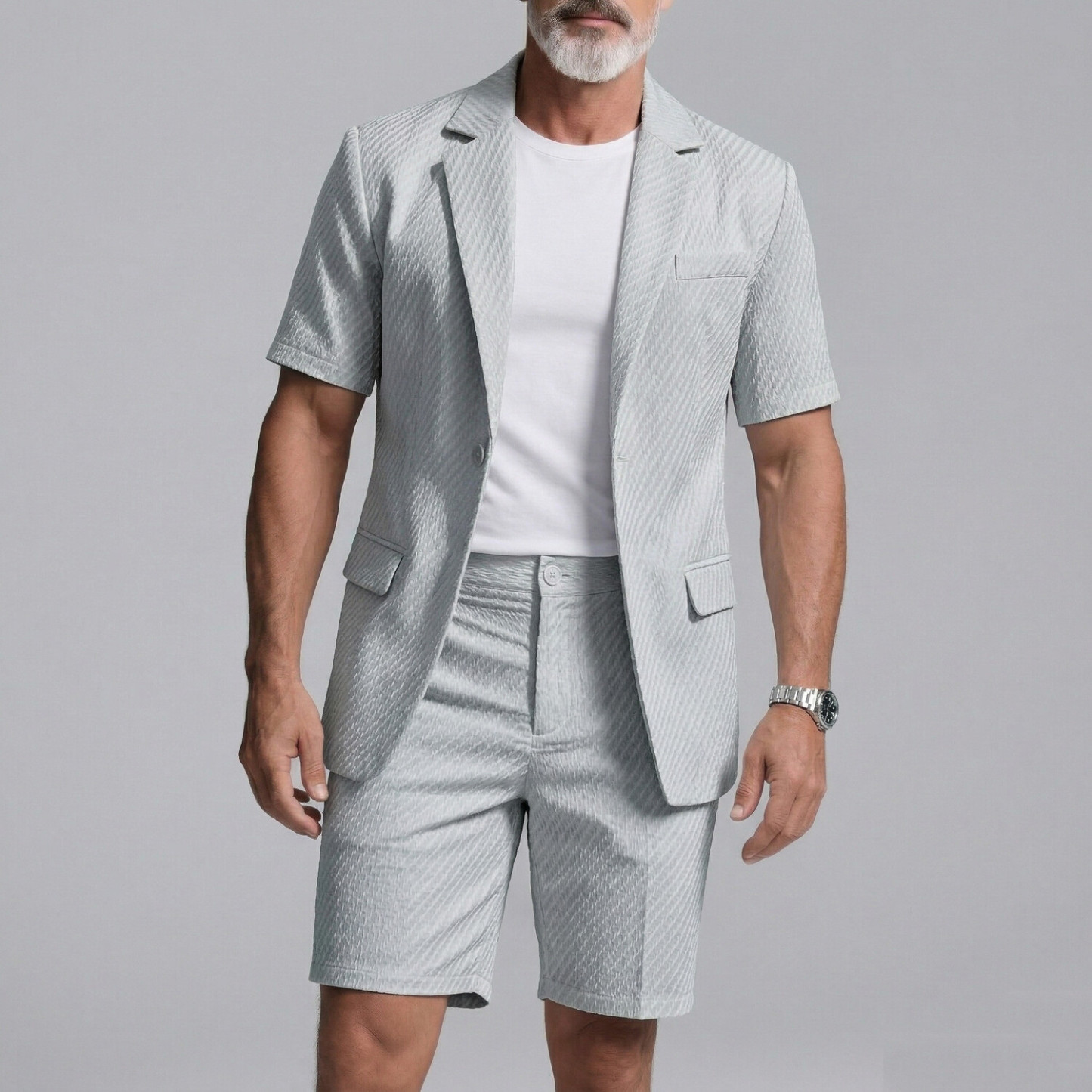 Men's Business Casual Plain Welt Pocket Notched Lapel Short Sleeve Blazer & Shorts 2Pcs Set