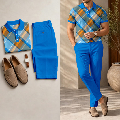 Men's Casual Dark Blue Geometric Printed Polo Shirt And Pants Two-Piece Set