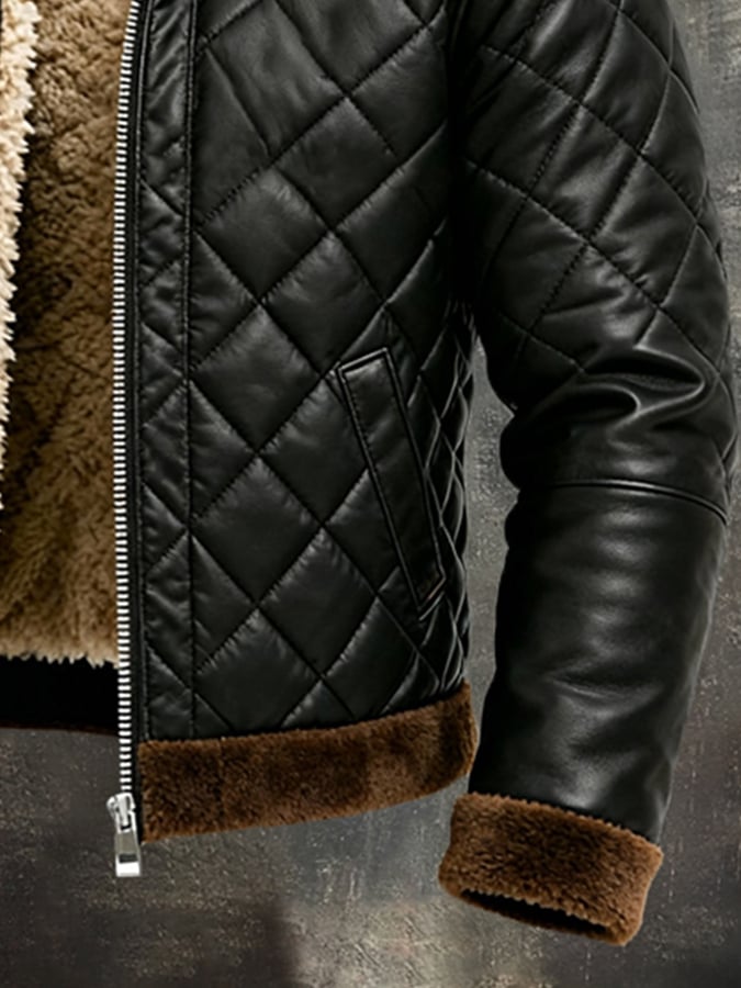 Men'S Vintage Warm Soft Leather Large Fur Collar Outdoor Jacket