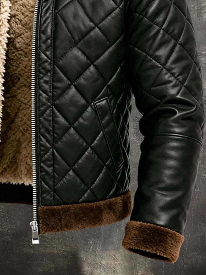Men'S Vintage Warm Soft Leather Large Fur Collar Outdoor Jacket