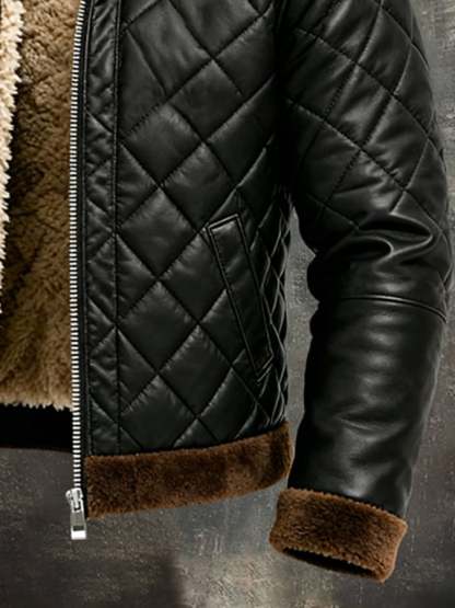Men'S Vintage Warm Soft Leather Large Fur Collar Outdoor Jacket