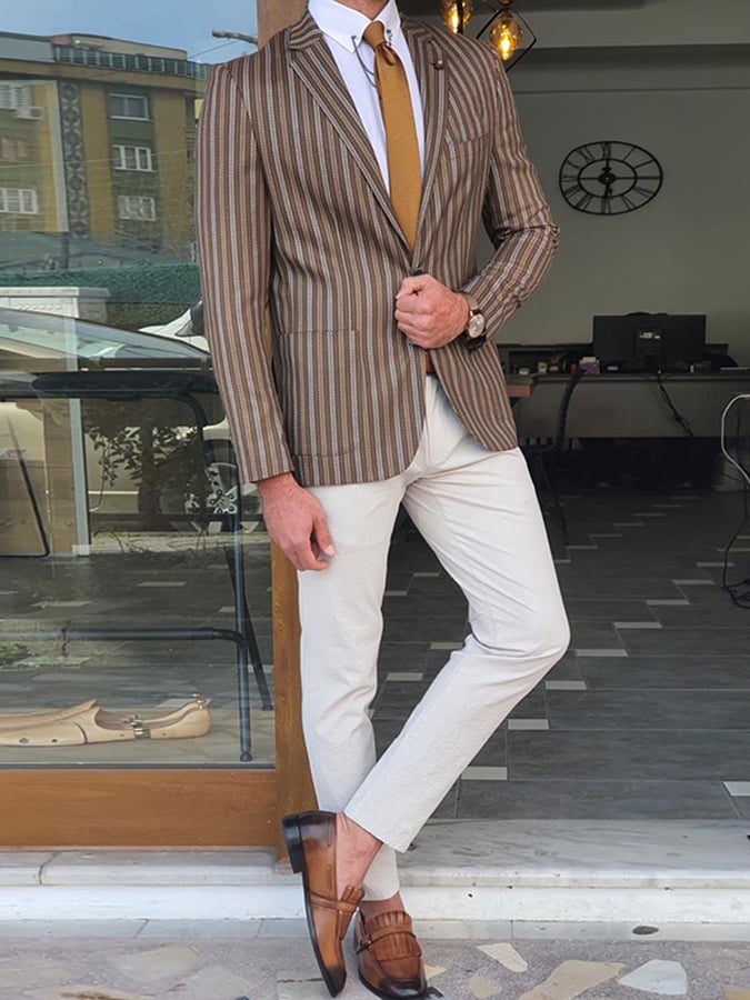 Men's Retro Single Breasted Striped Gentleman Business Suit Jacket