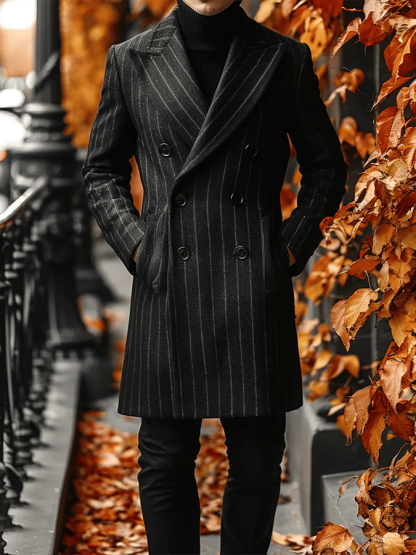 Men's Stylish Striped Double-Breasted Pocket Design Casual Woolen Coat