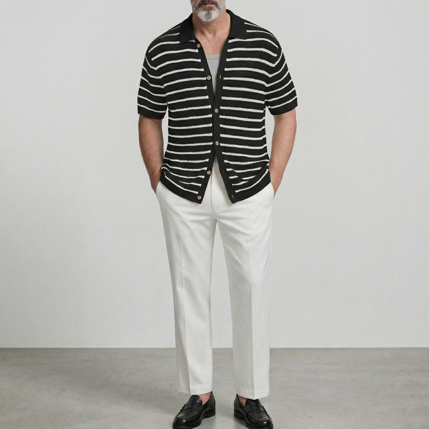 Men's Casual Green Striped Pattern Single Breasted Hollow Out Knit Short Sleeve Shirt