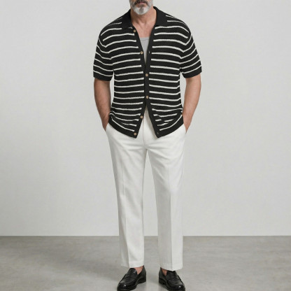 Men's Casual Green Striped Pattern Single Breasted Hollow Out Knit Short Sleeve Shirt