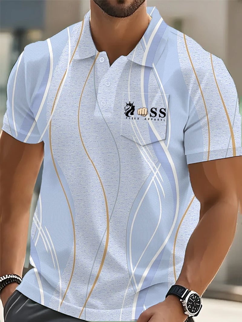 Men's Casual Business Abstract Geometric Contrast Color Polo (With Pockets)