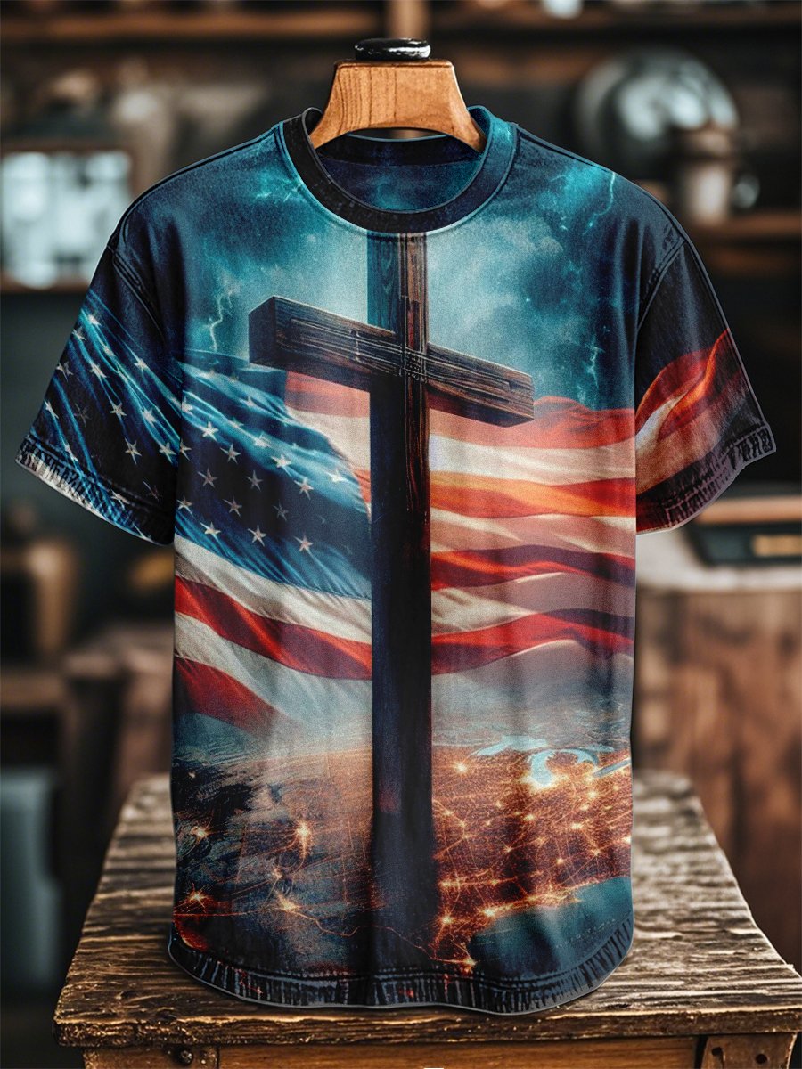 Men's Vintage Casual American Flag Cross Art Short Sleeve T-Shirt