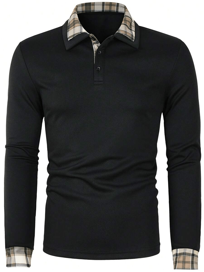 Men's Plaid Business Casual Long Sleeve Polo Shirt