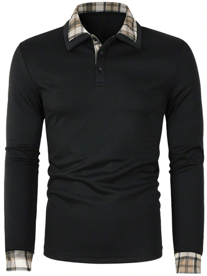 Men's Plaid Business Casual Long Sleeve Polo Shirt