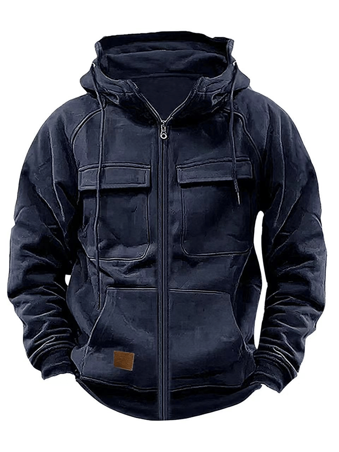 Men's Vintage Double Pocket Solid Color Comfort Zip Cardigan Jacket