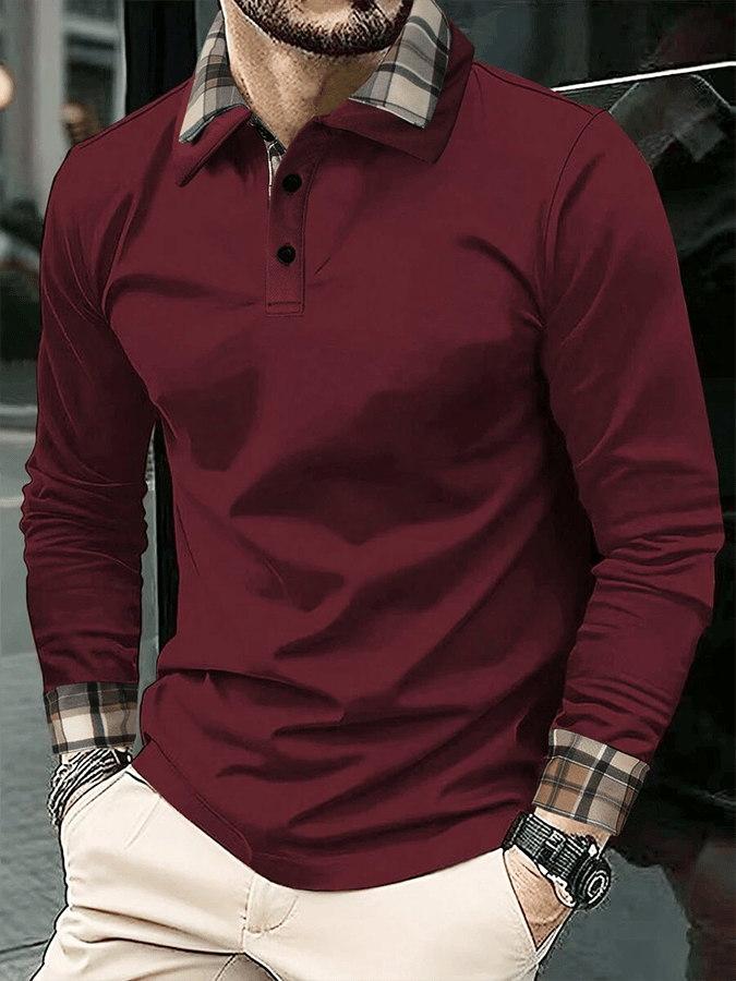 Men's Plaid Business Casual Long Sleeve Polo Shirt