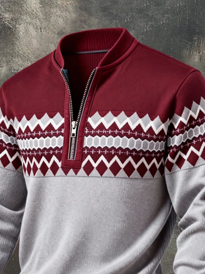 Men's Retro Color Block Print Zipper Sweatshirt