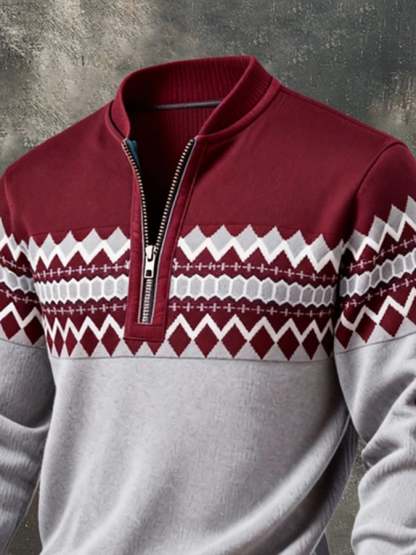 Men's Retro Color Block Print Zipper Sweatshirt