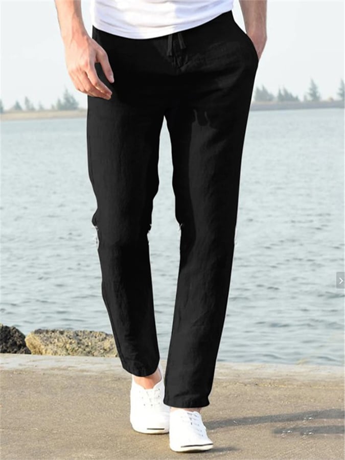 Men's Casual Solid Color Cotton And Linen Drawstring Elastic Waist Trousers