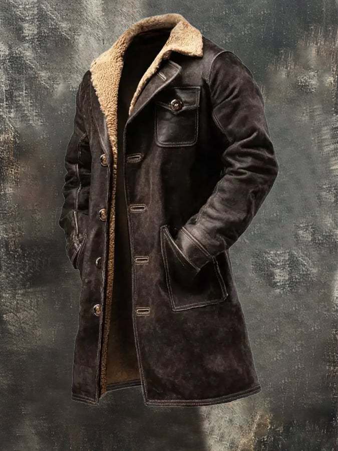 Men's Vintage Distressed Suede and Lambskin Long Coat