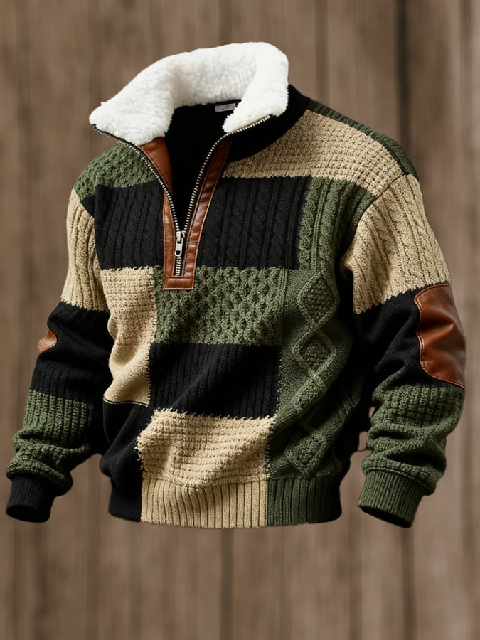 Men's Retro Color Block Print Casual Fur Collar Long Sleeve Sweatshirt
