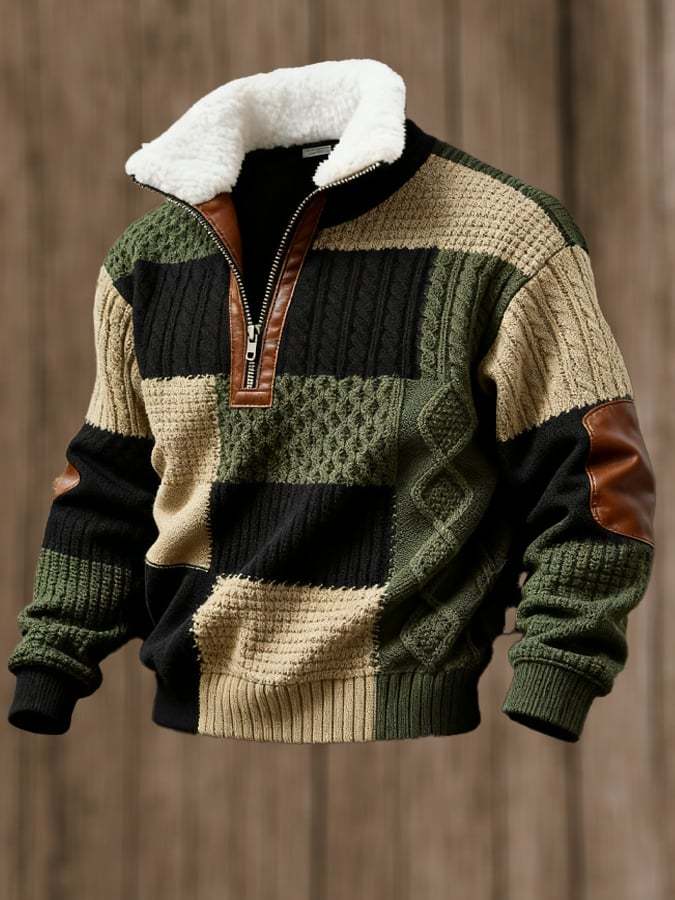 Men's Retro Color Block Print Casual Fur Collar Long Sleeve Sweatshirt