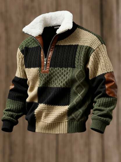 Men's Retro Color Block Print Casual Fur Collar Long Sleeve Sweatshirt