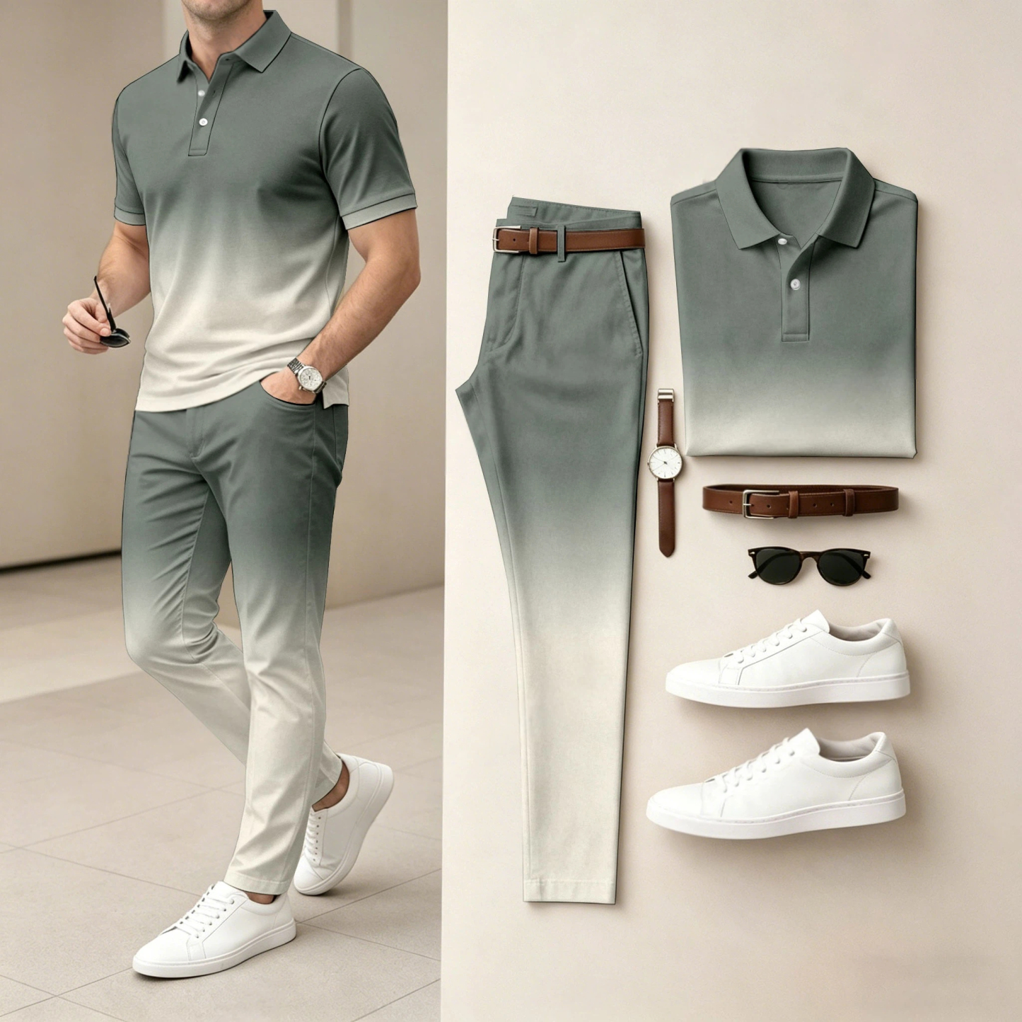 Men's Ombré Color Short-Sleeve Polo Shirt and Pants Two-Piece Set