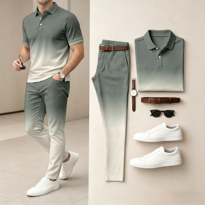 Men's  Ombré Color Short-Sleeve Polo Shirt and Pants Two-Piece Set