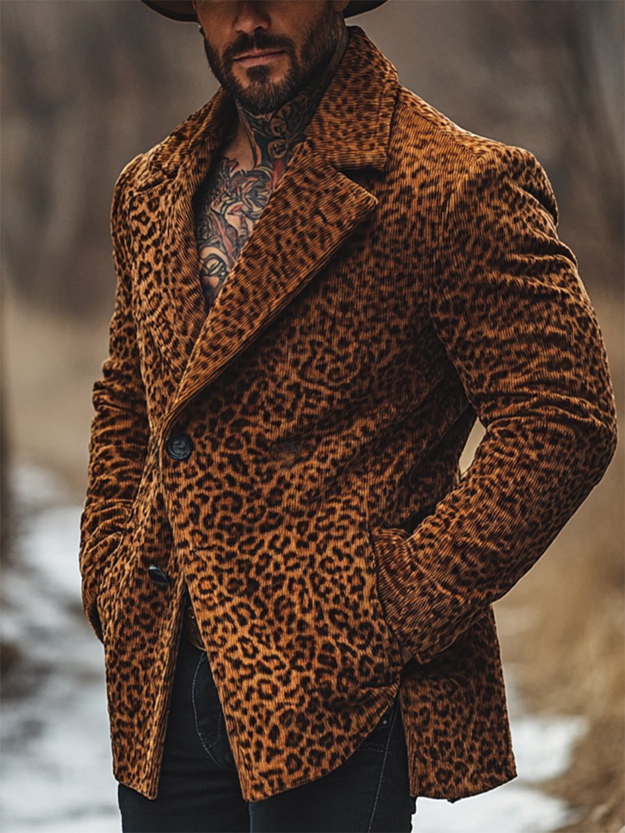 Men's Leopard Print Corduroy Mid-Length Jacket Coat