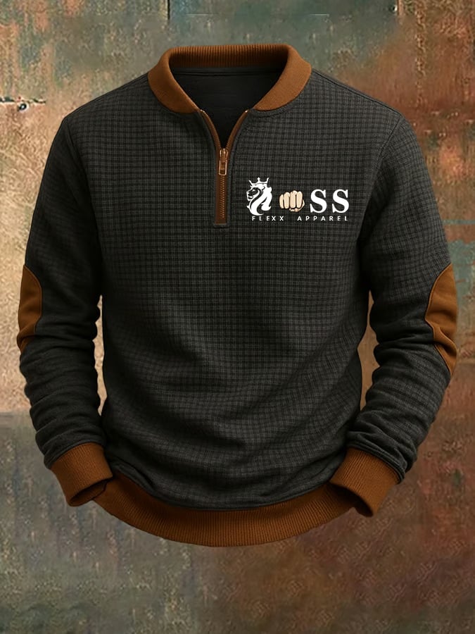 Men's Retro Letter Design Jacquard Fabric Zipper Stand Collar Sweatshirt