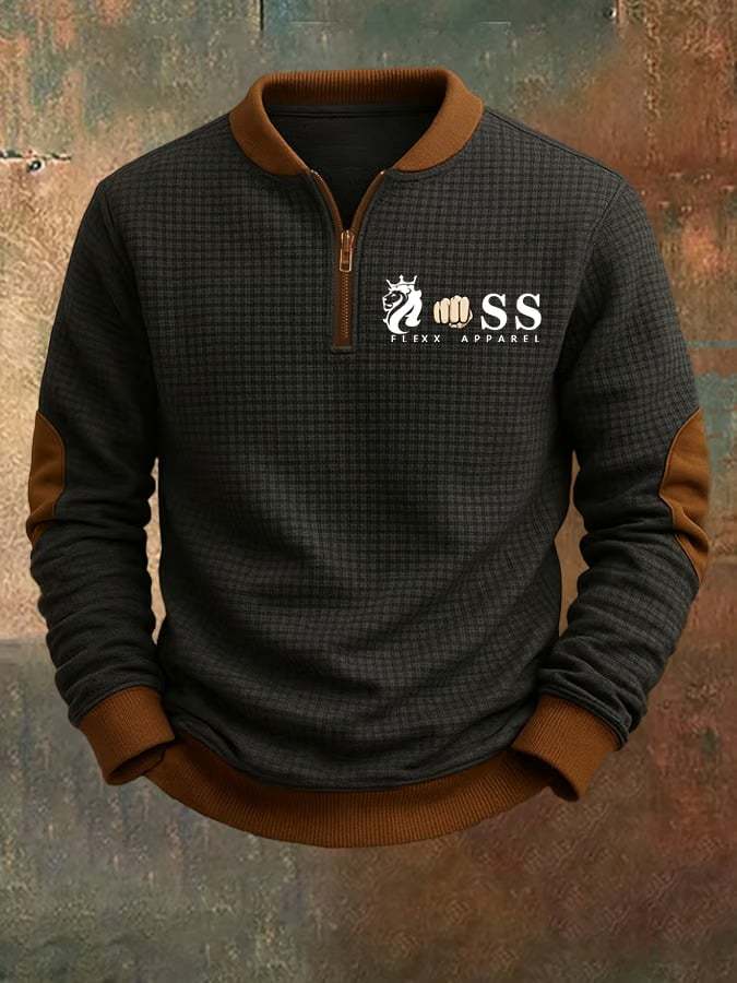 Men's Retro Letter Design Jacquard Fabric Zipper Stand Collar Sweatshirt