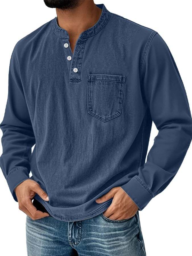 Men's Vintage Basic Washed Distressed Long Sleeve Henley Shirt