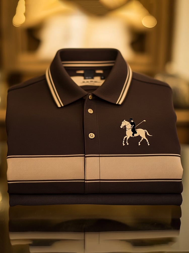 Men's Retro Business Logo Print Long Sleeve Polo Shirt