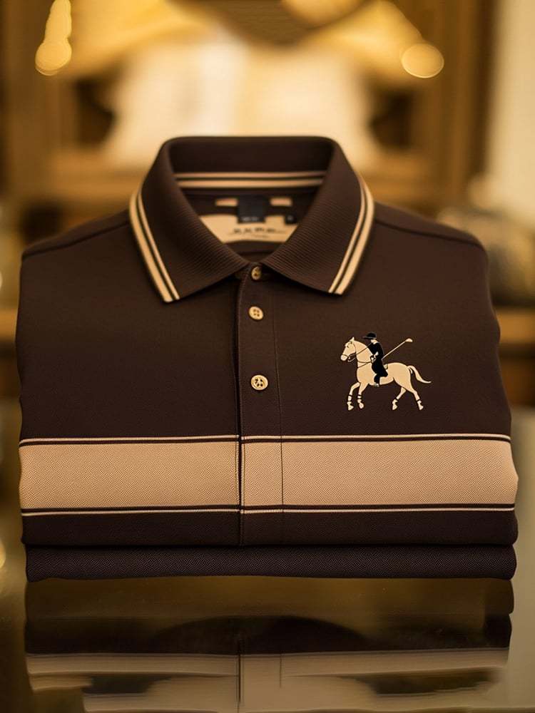 Men's Retro Business Logo Print Long Sleeve Polo Shirt