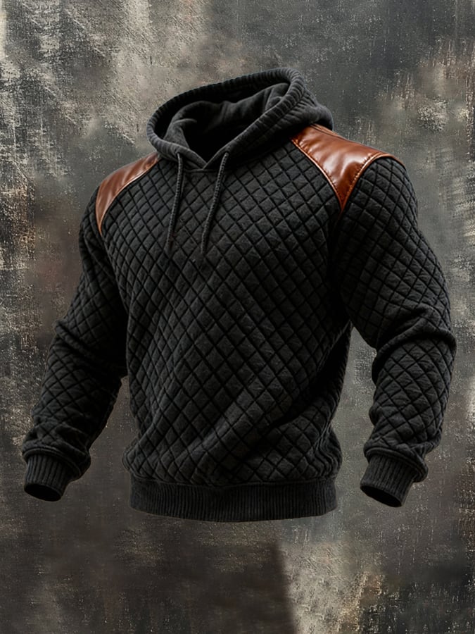 Men's Retro Waffle Stitching Leather Contrast Hooded Casual Sweatshirt Set
