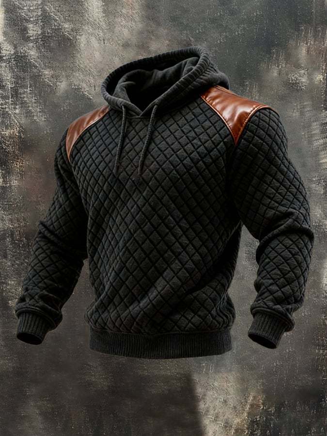 Men's Retro Waffle Stitching Leather Contrast Hooded Casual Sweatshirt Set