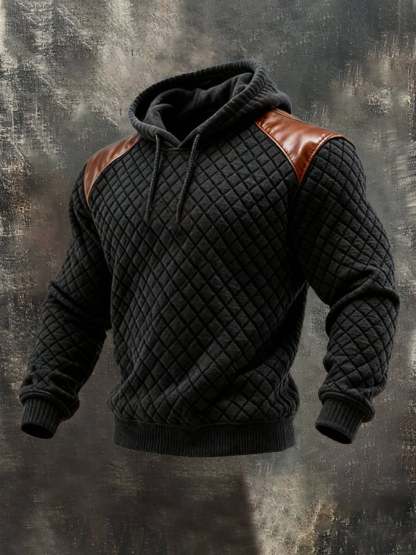 Men's Retro Waffle Stitching Leather Contrast Hooded Casual Sweatshirt Set