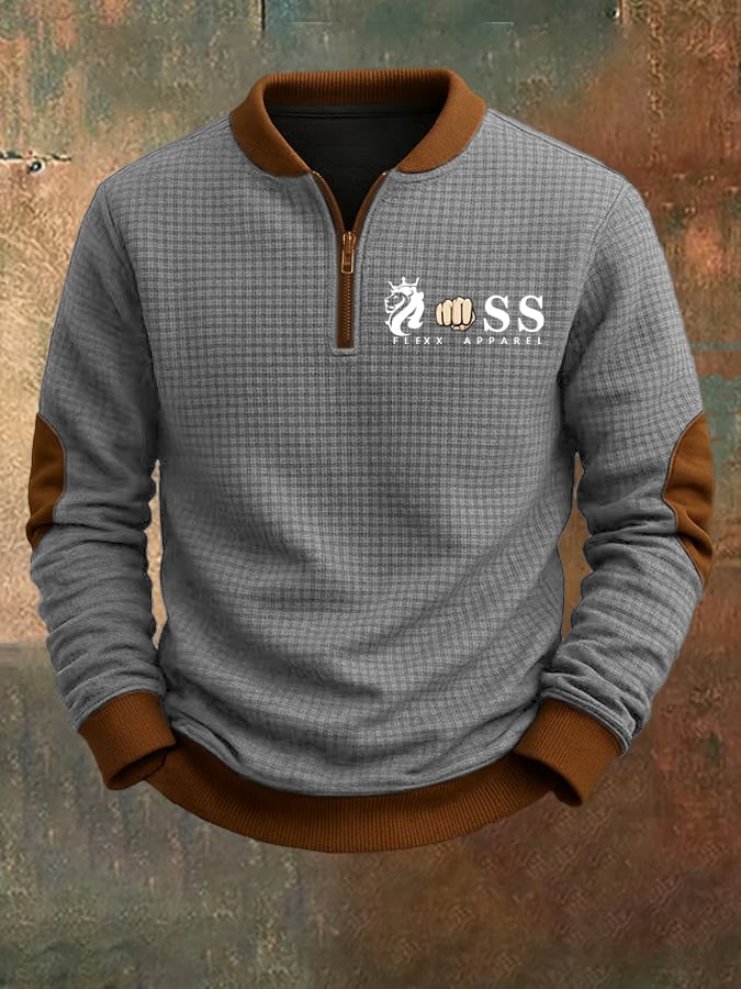 Men's Retro Letter Design Jacquard Fabric Zipper Stand Collar Sweatshirt