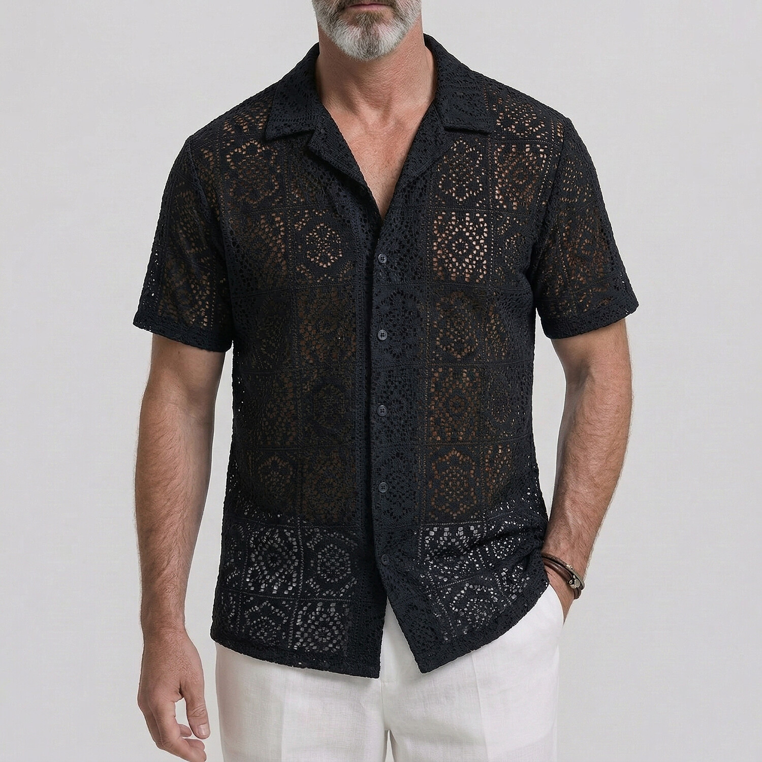 Men's Vacation Camp Collar Solid Color Hollow Out Lace Short Sleeve Shirt