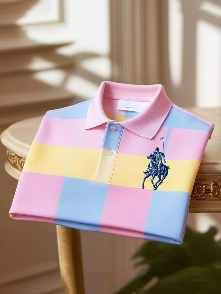 Men's Classic Business Check Logo Button Short Sleeve Polo Shirt