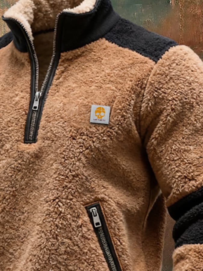 Men's Retro Knitted Square Check Leather Splicing Zipper Fur Collar Sweatshirt