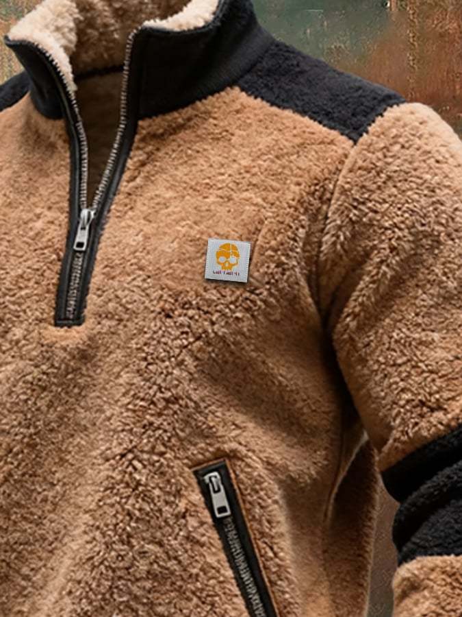 Men's Retro Knitted Square Check Leather Splicing Zipper Fur Collar Sweatshirt