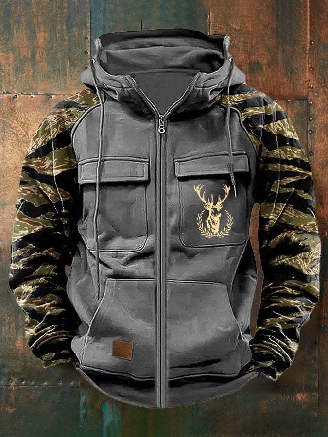 Men's Vintage Western Deer Print Multi-Pocket Jacket