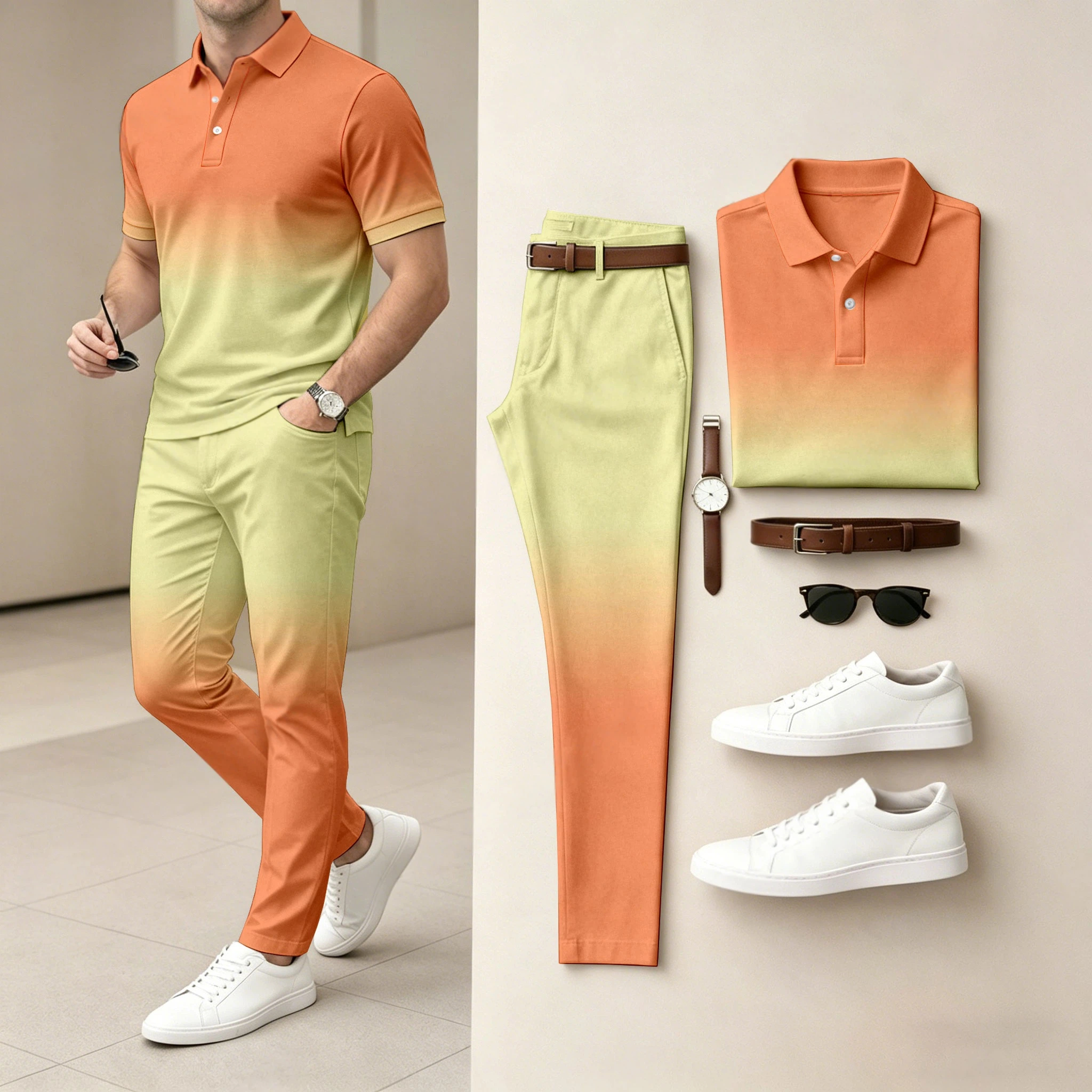 Men's  Ombré Color Short-Sleeve Polo Shirt and Pants Two-Piece Set