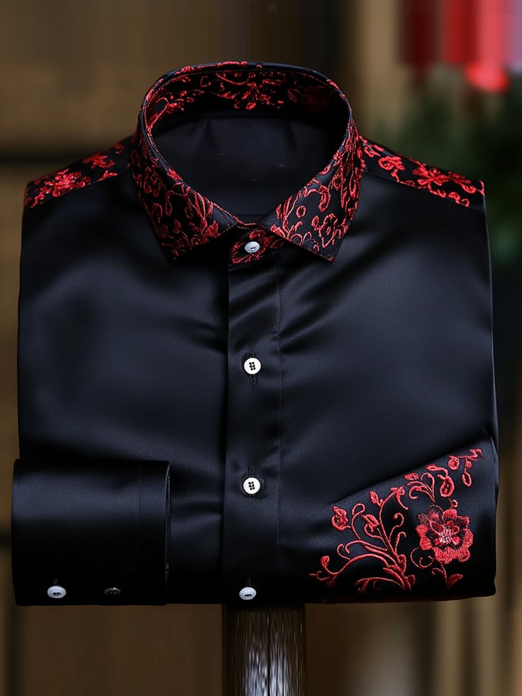 Men's Business Luxury Red Floral Long Sleeve Shirt