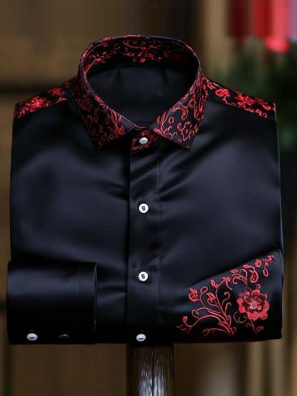 Men's Business Luxury Red Floral Long Sleeve Shirt